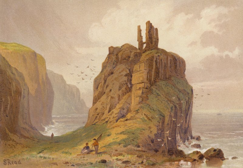 Nord for Irland, Dunseverick Castle (farge litho) av Samuel Read
