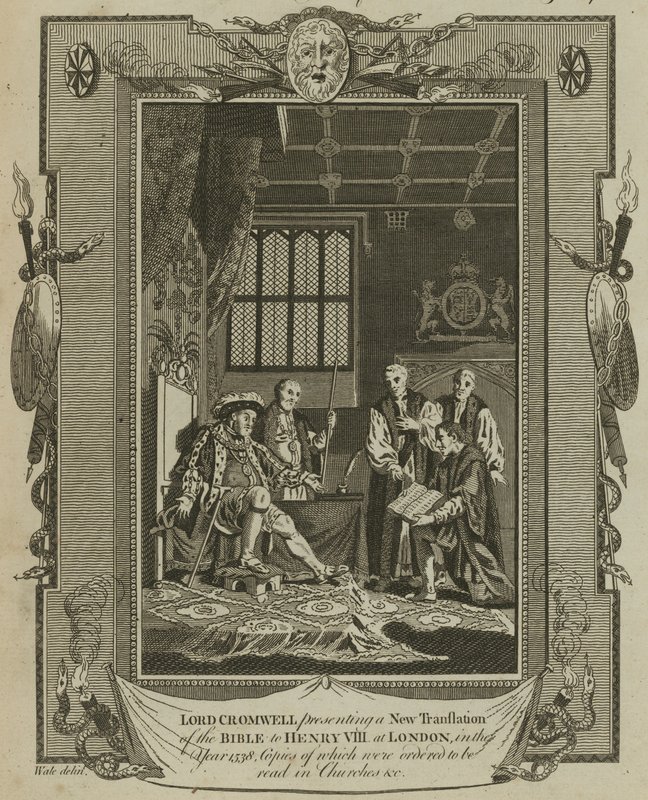 Lord Cromwell presenterer en ny oversettelse av Bibelen for kong Henry VIII i London i år 1538 av Samuel Wale