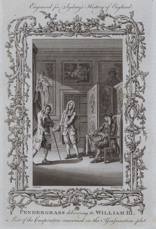 Pendergrass leverer til William III en liste over de berørte konspiratørene i attentatplanen av Samuel Wale