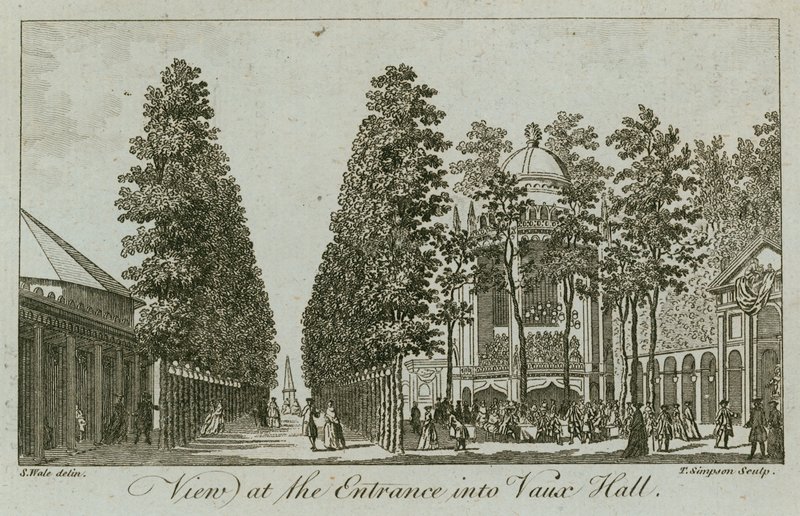 Utsikt over inngangen til Vauxhall Gardens, London av Samuel Wale