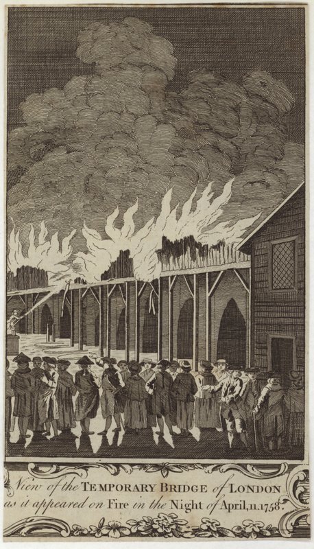 Utsikt over den midlertidige broen i London slik den så ut i brann natt til 11. april 1758 av Samuel Wale