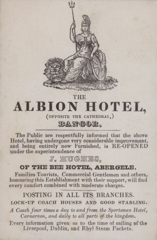 Annonse for Albion Hotel, Bangor, Nord-Wales (gravering) av School Welsh