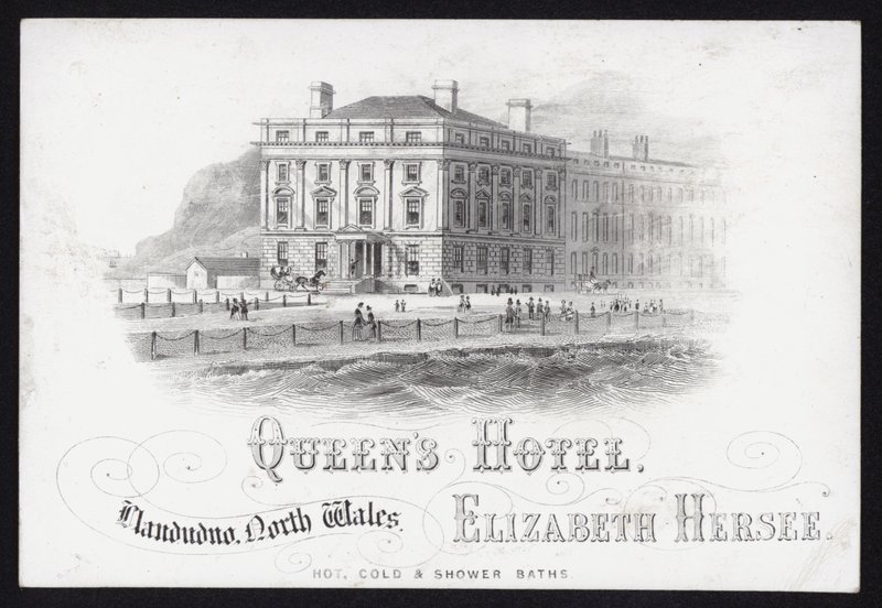 Byttekort for Queen's Hotel, Llandudno, Nord-Wales (gravering) av School Welsh