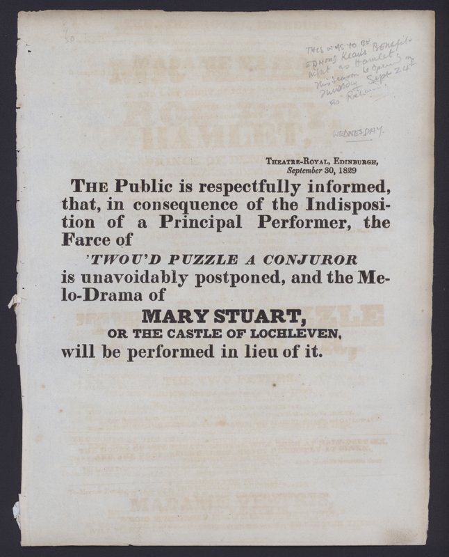 Melding om endring av den fakturerte forestillingen på Theatre Royal, Edinburgh, 30. september 1829 (litho) av Scottish School