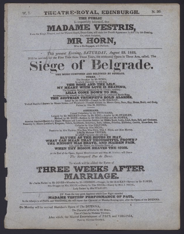 Teaterprogram for Theatre Royal, Edinburgh, 23. august 1823 (litho) av Scottish School