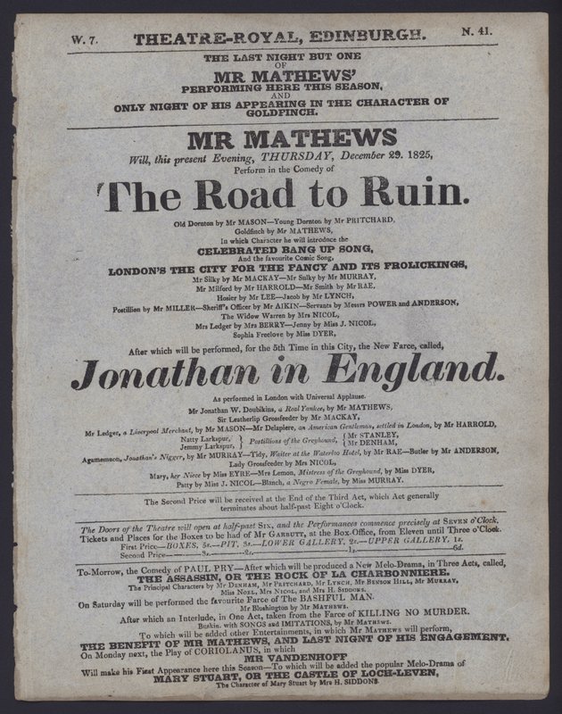 Teaterprogram for Theatre Royal, Edinburgh, 29. desember 1825 (litho) av Scottish School