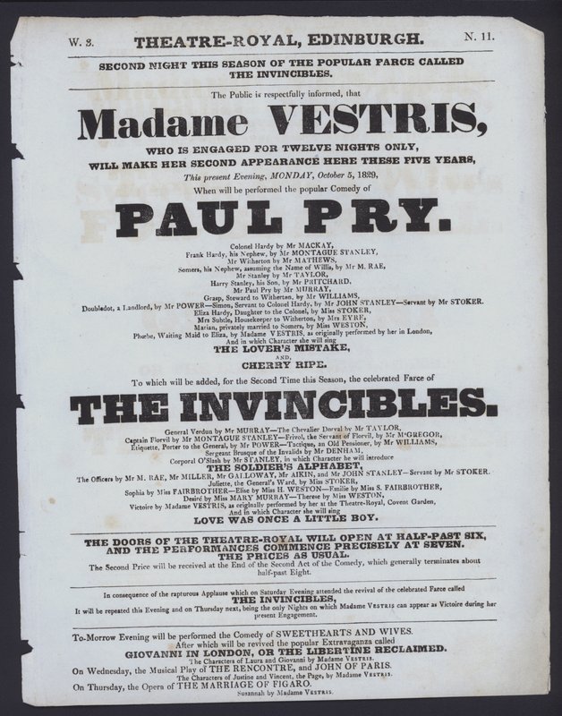 Teaterprogram for Theatre Royal, Edinburgh, 5. oktober 1829 (litho) av Scottish School