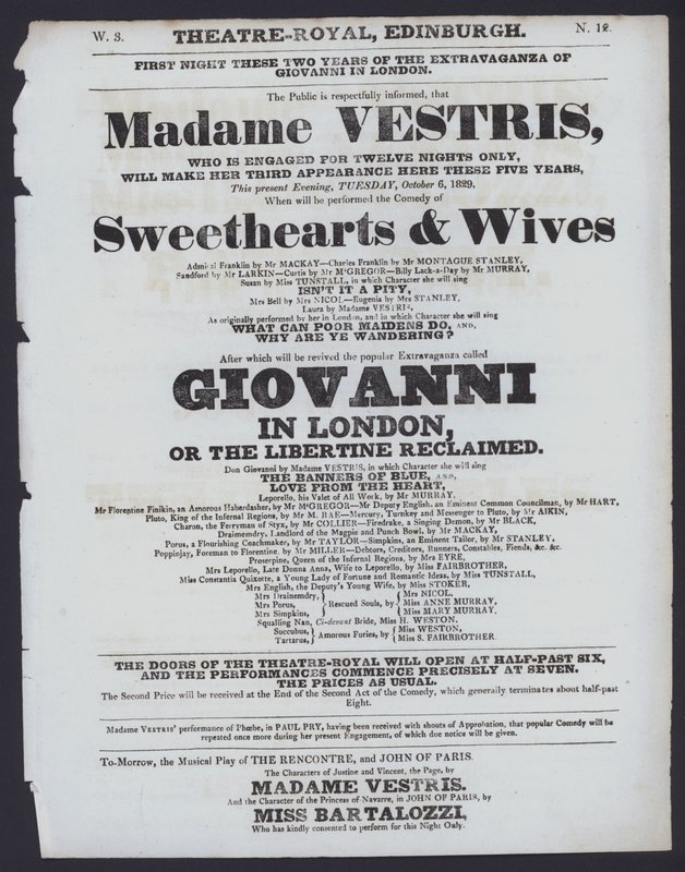 Teaterprogram for Theatre Royal, Edinburgh, 6. oktober 1829 (litho) av Scottish School