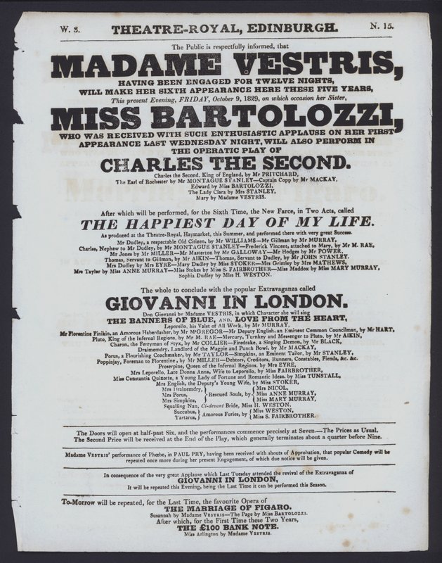 Teaterprogram for Theatre Royal, Edinburgh, 9. oktober 1829 (litho) av Scottish School