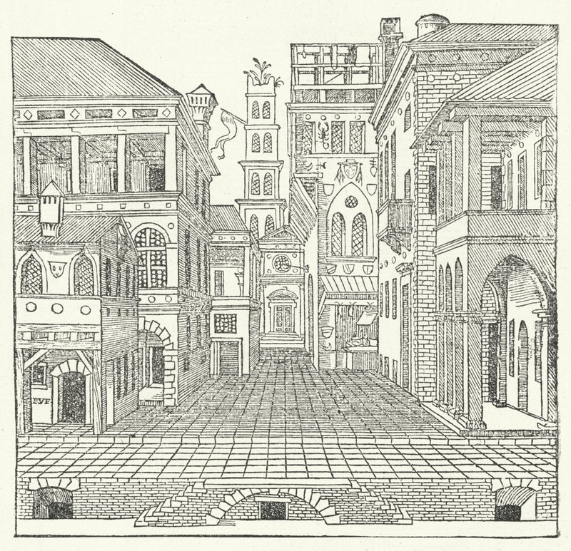 Scenedesign av den italienske manneristarkitekten Sebastiano Serlio for en komedie av Sebastiano Serlio