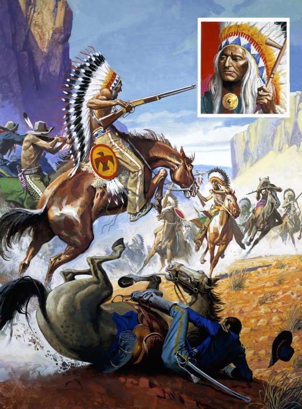 En trefning mellom amerikanske indianere og amerikanske soldater (gouache på papir) av Severino Baraldi