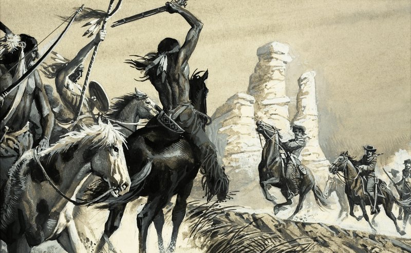 Et overraskende møte mellom to speidergrupper, den ene indisk og den andre amerikansk kavaleri av Severino Baraldi