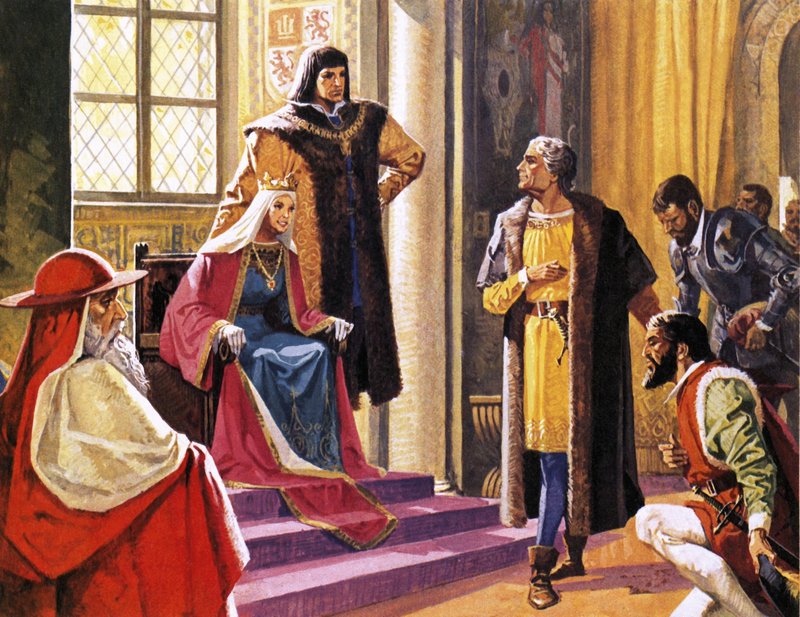 Amerigo Vespucci forestilte seg å gi rapporter om reisene sine til dronning Isabella av Spania av Severino Baraldi