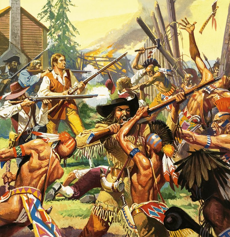 Daniel Boone forsvarer en gård i Kentucky mot angrep på indianere av Severino Baraldi
