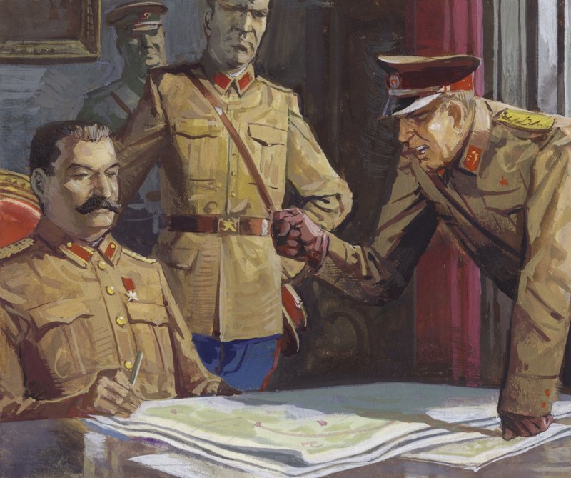 General Georgi Zhukov krangler med Stalin om militærtaktikk av Severino Baraldi
