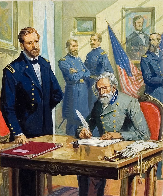 General Ulysses Grant aksepterer general Lees overgivelse ved Appomattox av Severino Baraldi