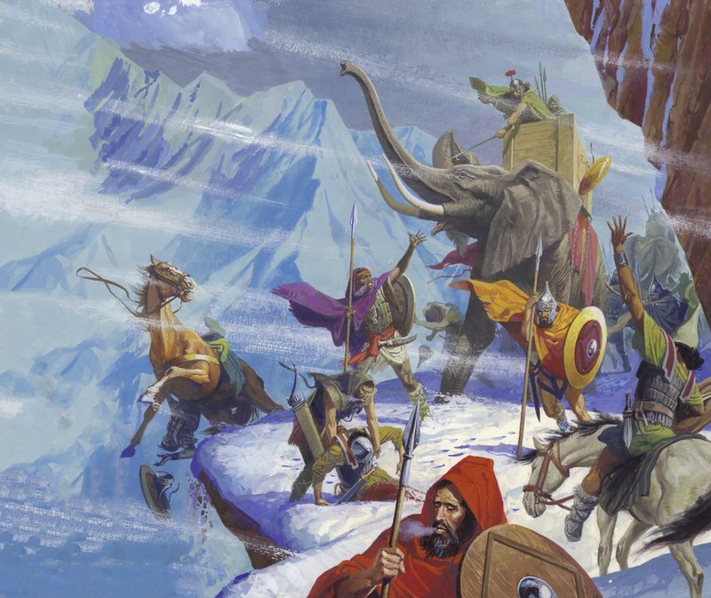 Hannibal (247–ca. 183 f.Kr.) krysser Alpene (gouache på papir) av Severino Baraldi
