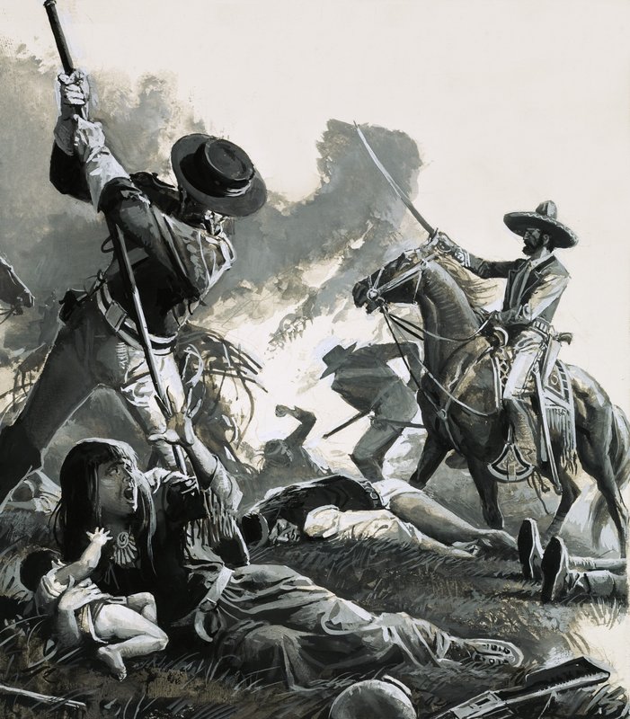 I 1858 angrep to tropper med meksikansk kavaleri apachenes leir. av Severino Baraldi