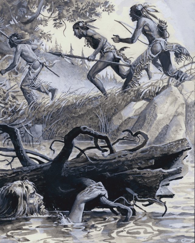 John Colter gjemte seg bak drivved (gouache på papir) av Severino Baraldi