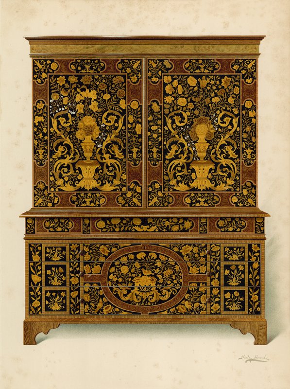 Kabinettpresse innlagt med Marqueterie, eiendom til Marquess of Exeter (chromolitho) av Shirley Charles Llewellyn Slocombe