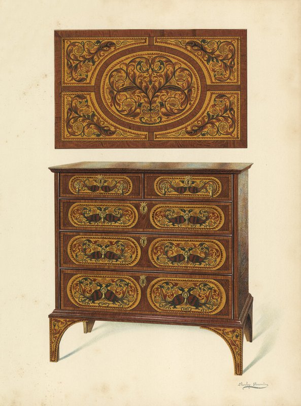 Kommode innlagt med Marqueterie (chromolitho) av Shirley Charles Llewellyn Slocombe