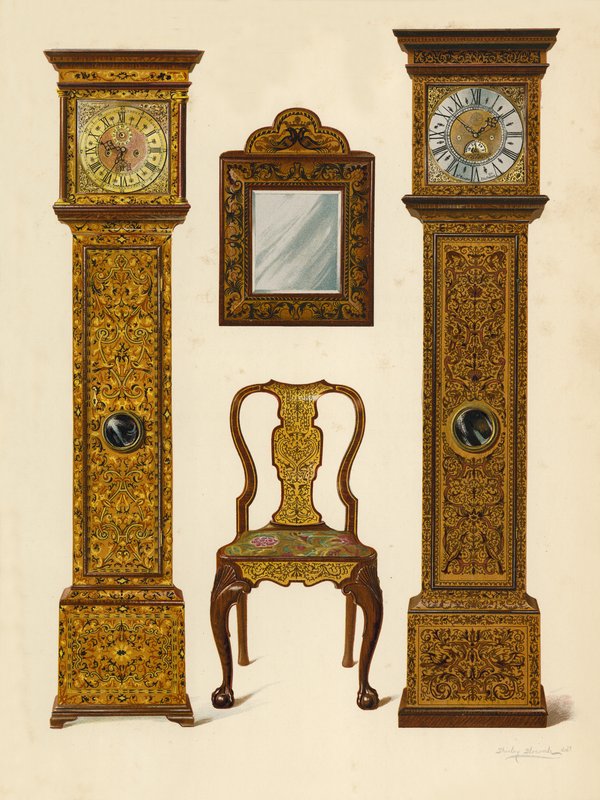 Klokke innlagt med lys Marqueterie, eiendom til Percy Macquoid; Klokke innlagt med Dark Marqueterie, Victoria and Albert Museum; Valnøttstol innlagt med marqueterie; Speil (chromolitho) av Shirley Charles Llewellyn Slocombe