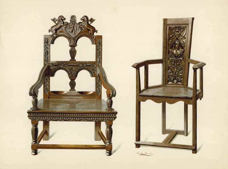 Oak Cacqueteuse stol, eiendom til Percy Macquoid; Yew Chair, eiendom til hertugen av Leeds (chromolitho) av Shirley Charles Llewellyn Slocombe
