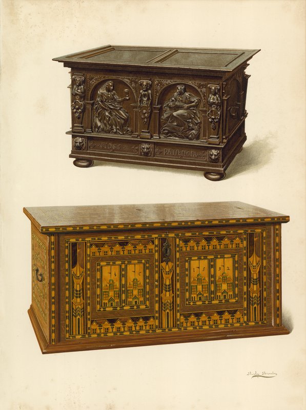 Oak Chest, eiendom til Seymour Lucas; Eik innlagt Nonesuch Chest (chromolitho) av Shirley Charles Llewellyn Slocombe