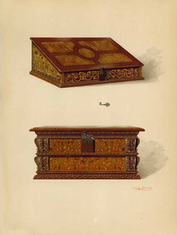 Oak Inlaid Box, eiendom til Edward Quilter; Oak Inlaid Box, eiendom til Edward Quilter (chromolitho) av Shirley Charles Llewellyn Slocombe