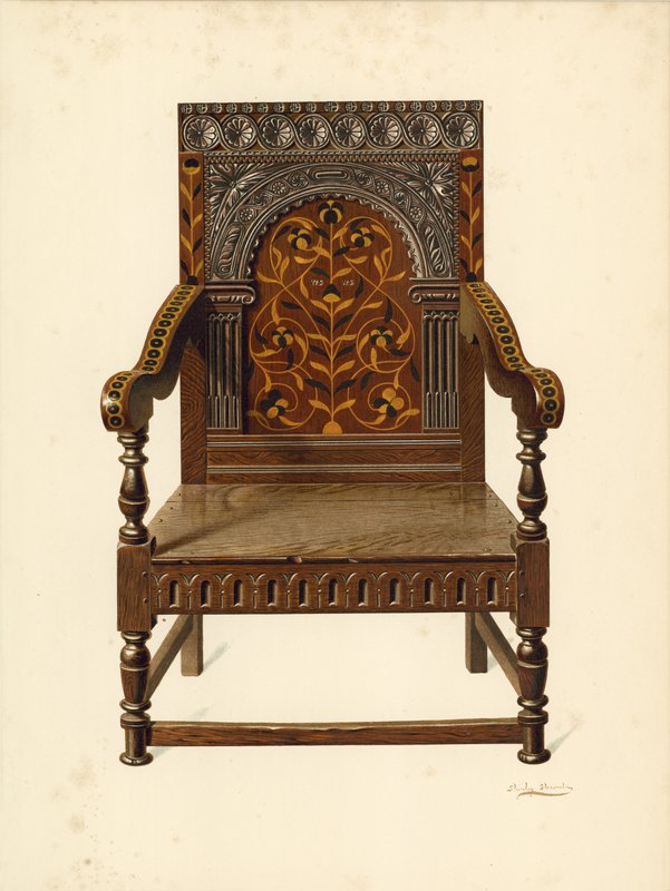 Oak Inlaid Chair, eiendom til frøken Dorothy Chune Fletcher (chromolitho) av Shirley Charles Llewellyn Slocombe