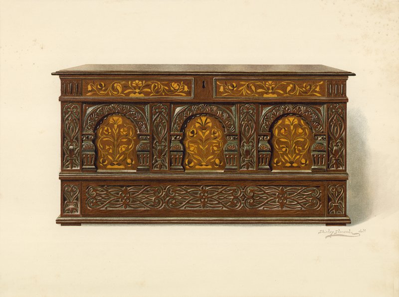 Oak Inlaid Chest, eiendom til Arthur James (chromolitho) av Shirley Charles Llewellyn Slocombe