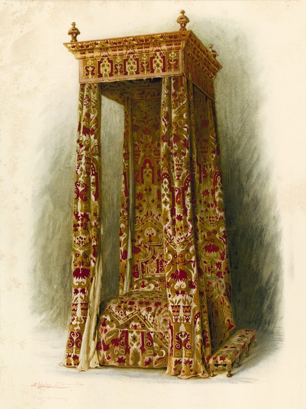 Polstret seng, Hampton Court Palace (chromolitho) av Shirley Charles Llewellyn Slocombe