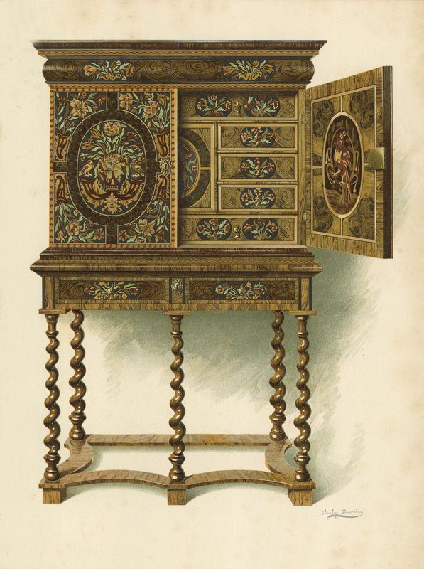 Valnøttskap innlagt med Marqueterie, eiendommen til The Hon Charlotte Maria Lady North og R Eden Dickson (chromolitho) av Shirley Charles Llewellyn Slocombe
