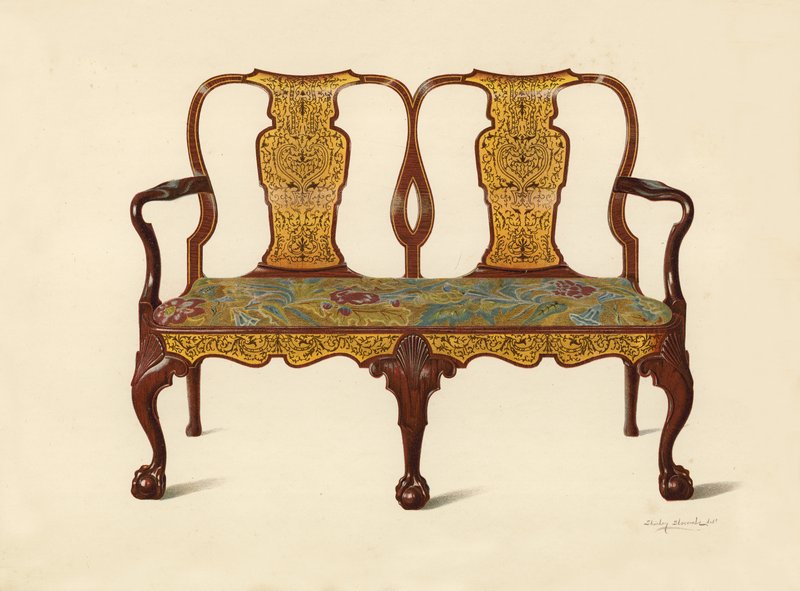Valnøttsofa innlagt med Marqueterie, eiendom til Percy Macquoid (chromolitho) av Shirley Charles Llewellyn Slocombe