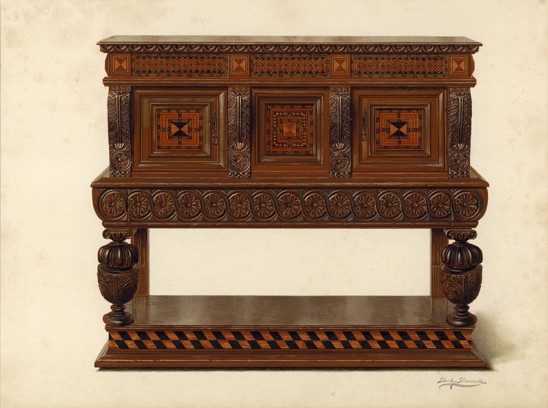 Valnøtt og eik stående buffé, eiendom til Percy Macquoid (chromolitho) av Shirley Charles Llewellyn Slocombe