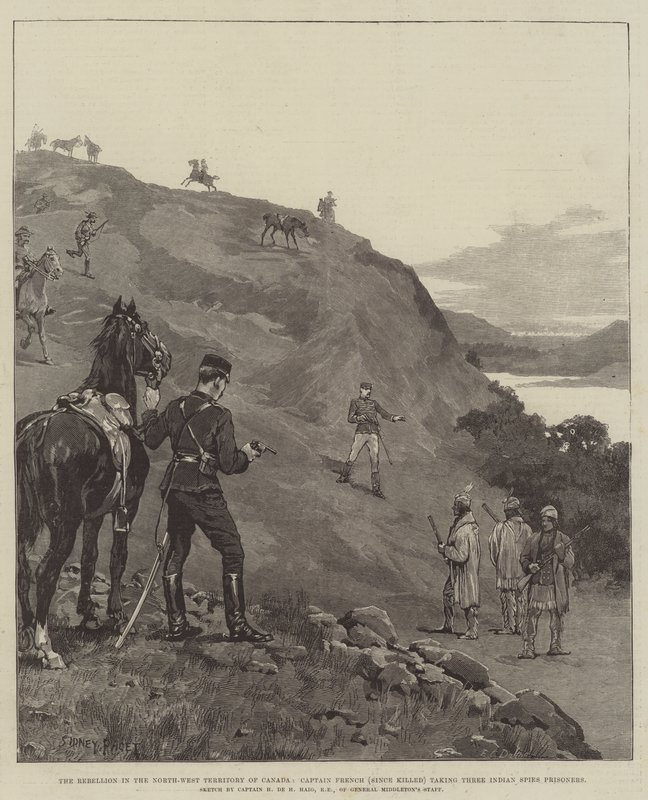 Opprøret i Canadas nordvestlige territorium, kaptein French (siden drept) tok tre indiske spioner til fanger av Sidney Paget