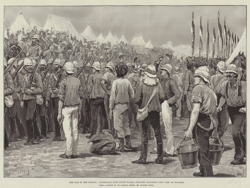 Krigen i Soudan, australsk (New South Wales) infanteri som marsjerer inn i leiren ved Souakim av Sidney Paget
