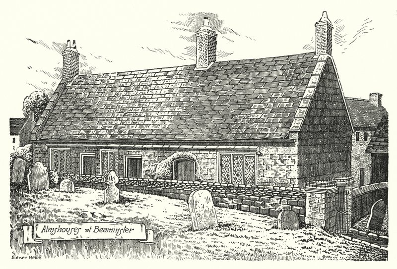 Almshus ved Beaminster (gravering) av Sidney Heath