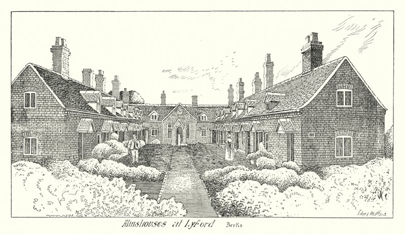 Almshus i Lyford, Berks (gravering) av Sidney Heath