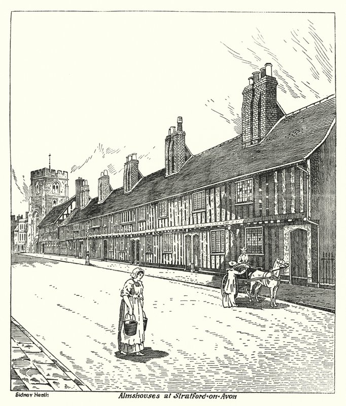 Almshus i Stratford-on-Avon (gravering) av Sidney Heath