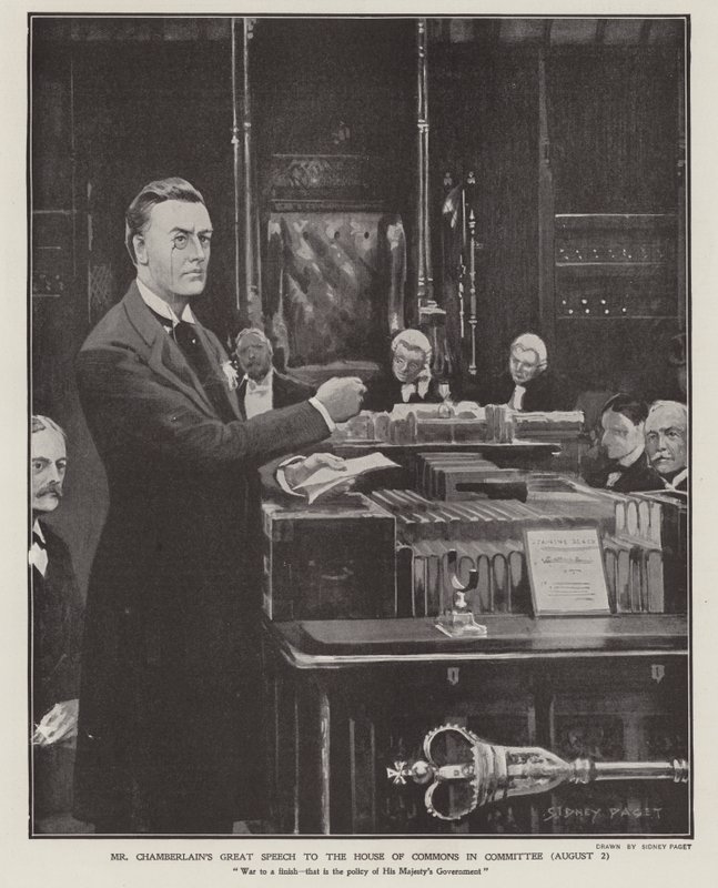 Joseph Chamberlains tale om boerkrigen i Underhuset 2. august 1901 (litho) av Sidney Paget