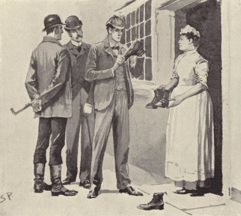 Hushjelpen viste oss støvlene: scene fra Sherlock Holmes-historien The Boscombe Valley Mystery, av Arthur Conan Doyle (litho) av Sidney Paget