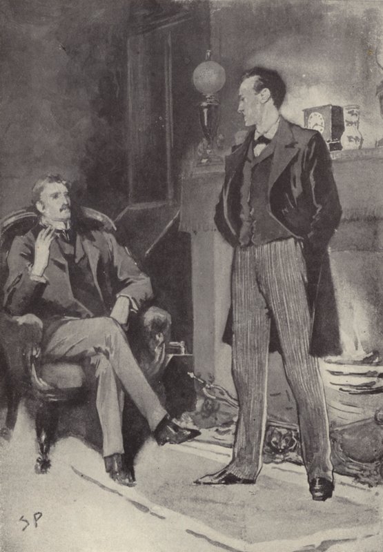Så sto han ved bålet: scene fra Sherlock Holmes-mysteriet A Scandal in Bohemia, av Arthur Conan Doyle (litho) av Sidney Paget
