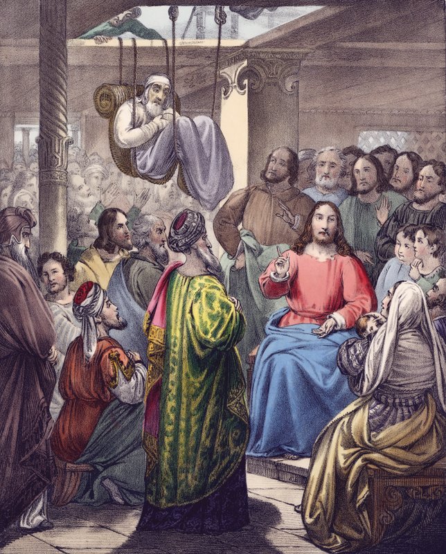 Den lammesjuke brakt til Kristus av vennene hans (farge litho) av Siegfried Detler Bendixen