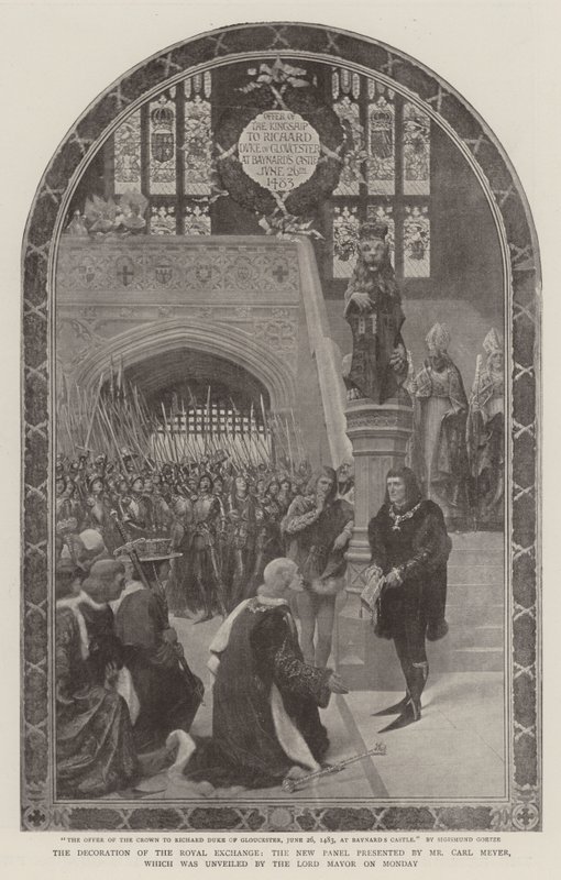 Utsmykningen av Royal Exchange, det nye panelet presentert av Carl Meyer, som ble avduket av Lord Mayor på mandag av Sigismund Christian Hubert Goetze