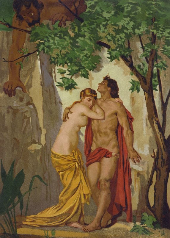 Galatea og Acis overrasket av giganten Polyphemus av Spanish School