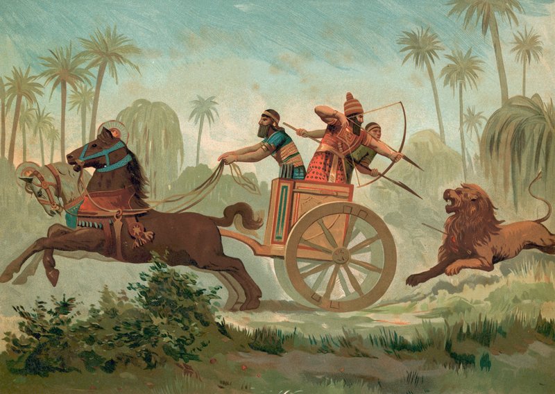 Ashurbanipal jakter på løver av Spanish School