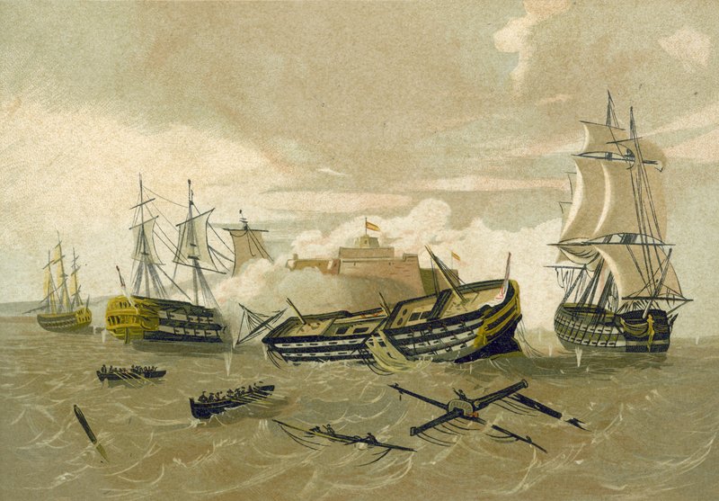 Britisk flåte angriper Castillo del Morro, Cuba, 1761 av Spanish School