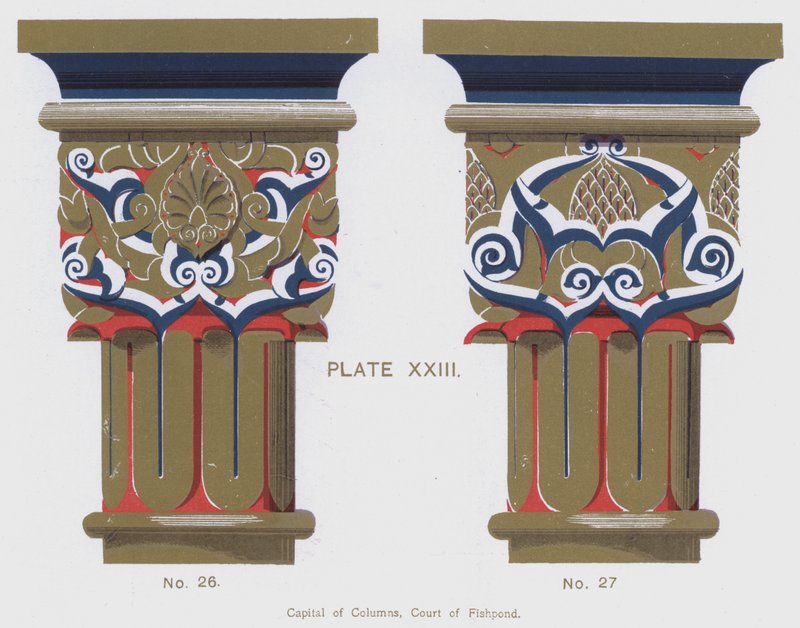 Hovedstaden i kolonnene, Court of Fishpond (farge litho) av Spanish School