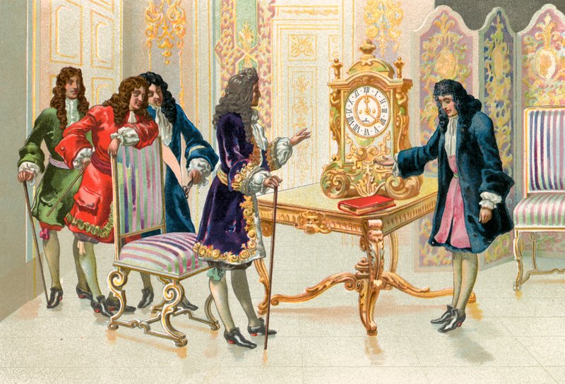 Christiaan Huygens presenterer pendelklokken til Louis XIV av Spanish School